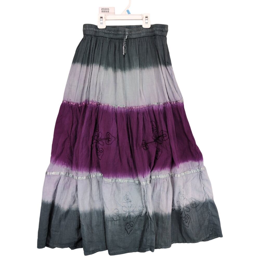 Jackpot Purple Gray Tie Dye Tiered Maxi Skirt One Size Elastic Waist Boho Whimsy